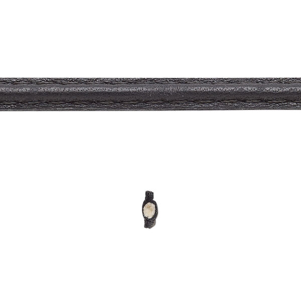 Cord, leather and cotton (dyed), black, 5-6mm double-stitched flat. Sold per 5-yard section. image number 0