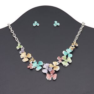 Necklace and earring set, enamel / Czech glass rhinestone / silver-finished steel / brass / "pewter" (zinc-based alloy), matte multicolored, flowers, 16 inches with 3-inch extender chain and lobster claw clasp, 11x11mm flower with post. Sold per set.