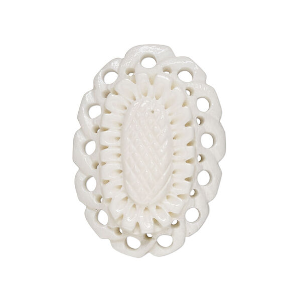 Focal, camel bone (bleached), white, 31x22mm cutout oval with flower, Mohs hardness 2-1/2. Sold individually. image number 0