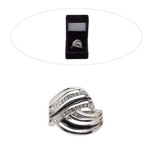 Ring, cubic zirconia / enamel / rhodium-finished brass, clear / white / black, 19.5mm wide with overlay knot, size 8. Sold individually.