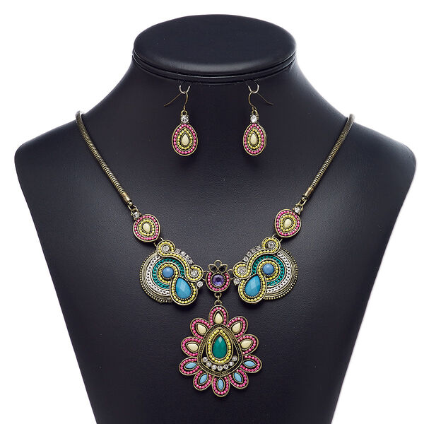 Necklace and earring set, acrylic rhinestone / acrylic / glass rhinestone / enamel / antique gold-finished brass / steel / "pewter" (zinc-based alloy), multicolored, 2-1/2 inch dangle with teardrop, 22-inch necklace with 3-inch extender chain and lobster claw clasp, 32mm earrings with fishhook ear wire. Sold per set. image number 0