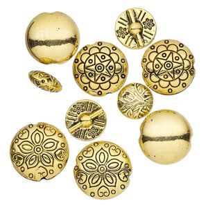 Bead, antique gold-finished "pewter" (zinc-based alloy), 12-19mm double-sided puffed round with assorted designs. Sold per pkg of 10.