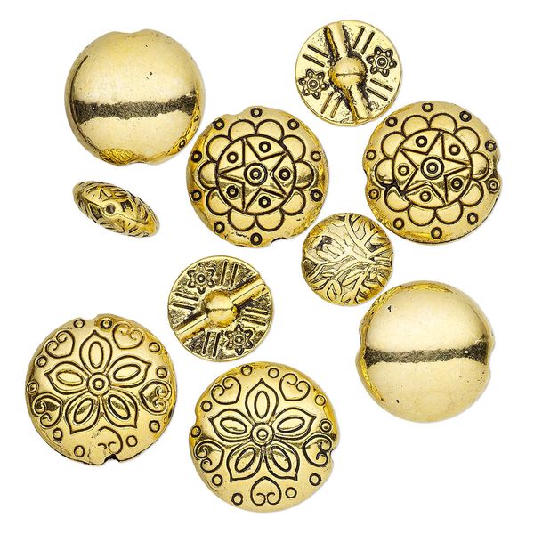 Bead, antique gold-finished "pewter" (zinc-based alloy), 12-19mm double-sided puffed round with assorted designs. Sold per pkg of 10. image number 0
