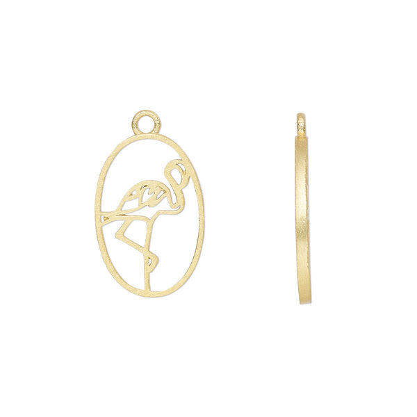 Charm, Amoracast®, "vermeil", 15x10mm two-sided open oval with flamingo. Sold individually. image number 0