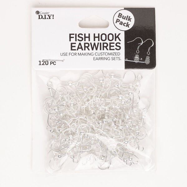 Ear wire steel 1pk 20mm fishhook 3mm bail 4mm coil open loop silver finish, 60 pair image number 0