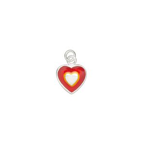 Charm, enamel and sterling silver, red and yellow, 8mm single-sided heart with 3mm closed jump ring. Sold individually.