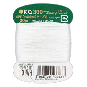 Thread, K.O., waxed nylon, white, 0.15mm diameter, 4-pound test. Sold per 33 yard card.