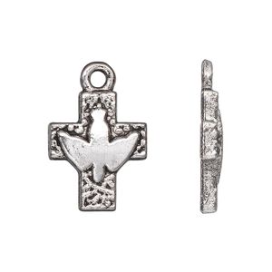Drop, antique silver-plated "pewter" (zinc-based alloy), 20x16mm single-sided cross with peace dove. Sold per pkg of 10.
