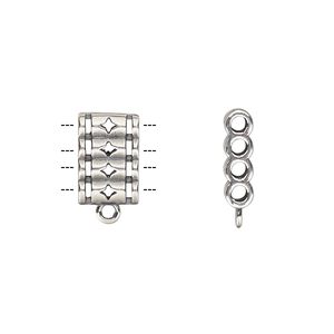 Spacer, antique silver-plated brass, 13x8.5mm double-sided 4-strand quadruple round tube with diamond cutout design and loop, fits up to 2mm bead. Sold individually.
