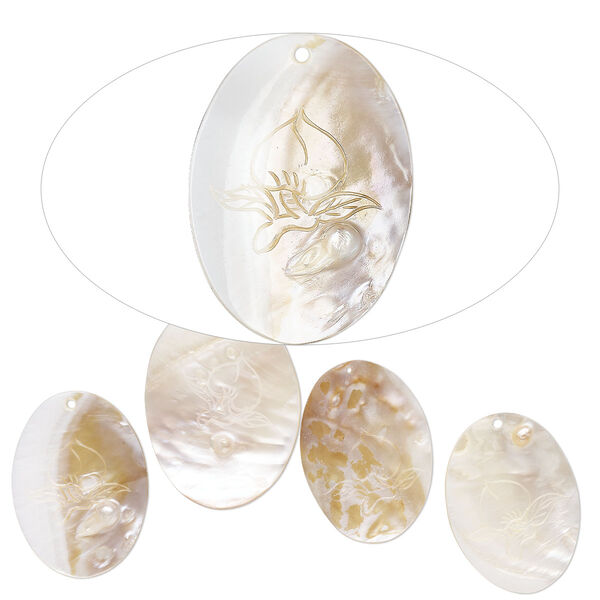 Focal, mother-of-pearl shell (natural/bleached), 60x43mm-69x51mm hand-carved oval with peach design, Mohs hardness 3-1/2. Sold per pkg of 5. image number 0