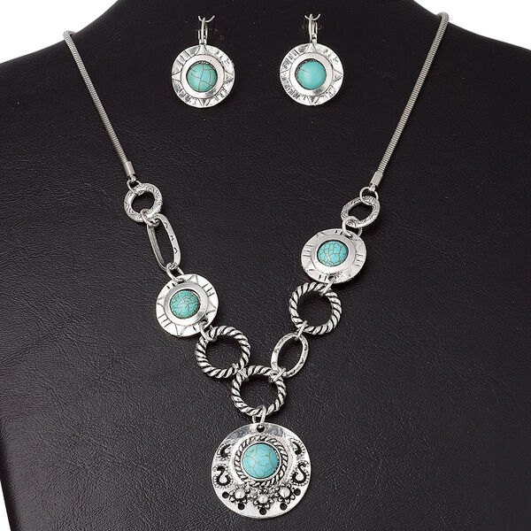 Necklace and earring set, antique silver-plated "pewter" (zinc-based alloy) and magnesite (dyed), blue-green, 28mm flat round, 18 inches with 3-inch extender chain and lobster claw clasp, 34x22mm earrings with steel leverback ear wire. Sold per set. image number 0
