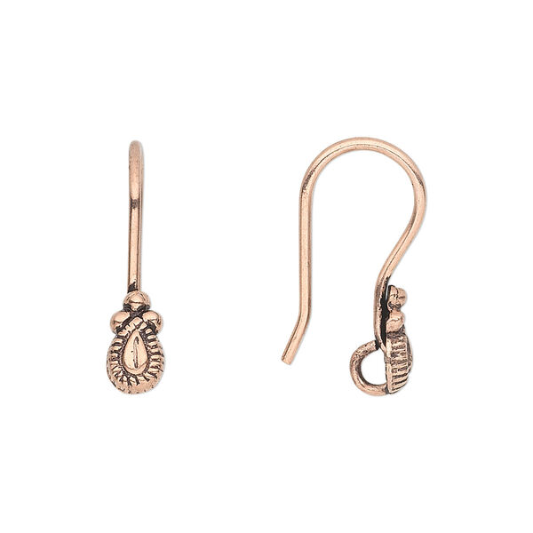 Ear wire, antique copper-plated copper, 22mm fishhook with 8x4mm teardrop and open loop, 18 gauge. Sold per pkg of 10 pairs. image number 0