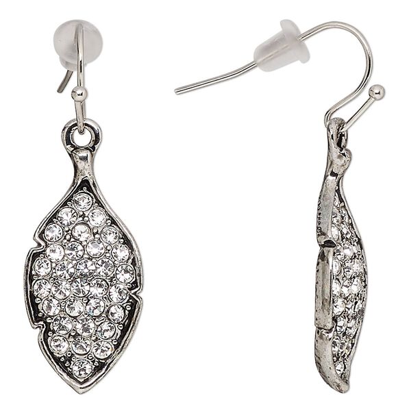 Earring, glass and antique silver-finished "pewter" (zinc-based alloy), 38mm fishhook with 26x12.5mm leaf, 21 gauge. Sold per pair. image number 0