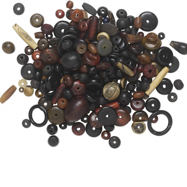 Bead mix, bone and horn (dyed), red / black / brown, 8mm-51x37mm mixed shape. Sold per 1/4 kilogram pkg, approximately 225 to 375 beads. image number 0