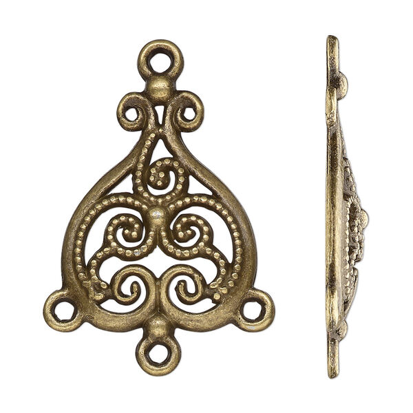 Drop, antique brass-finished "pewter" (zinc-based alloy), 29x21mm single-sided domed filigree spade with 3 closed loops. Sold per pkg of 10. image number 0