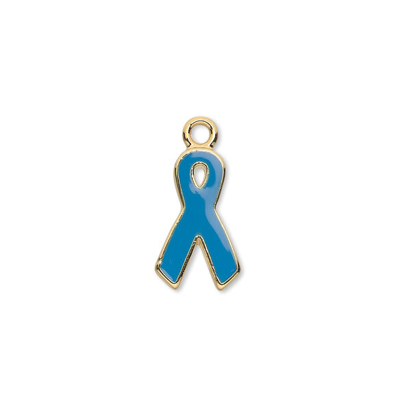 Charm, epoxy and gold-plated aluminum, blue, 15x9mm single-sided awareness ribbon. Sold per pkg of 6. image number 0