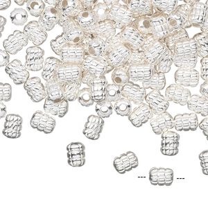 Bead, silver-plated brass, 5x4mm ribbed tube. Sold per pkg of 50.
