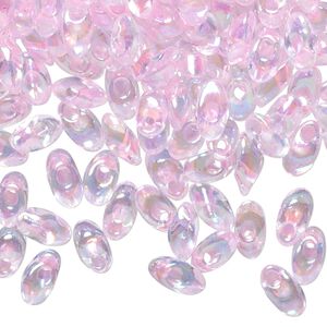 Seed bead, Miyuki, glass, pkg/250g, 7x4mm long magatama, translucent luster rainbow clear/pink, (LMA-2144).