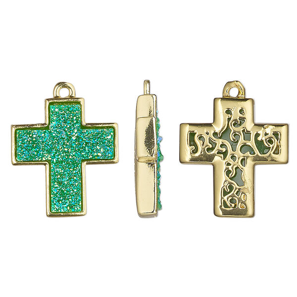 Drop, Druzylite™, "druzy" (resin) and gold finish brass, green, 18x16mm two-sided cross with open filigree back. Sold per pkg of 4. image number 0