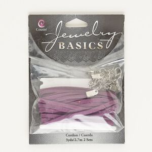 Cord assortment, antique silver-finished steel and leather, purple, 3 yards of 3mm flat cord wih (2) 9x6mm lobster claw clasps and (1) 5mm fold-over crimp. Sold per pkg of 3.