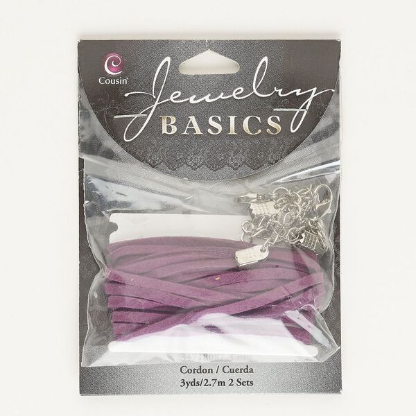 Cord assortment, antique silver-finished steel and leather, purple, 3 yards of 3mm flat cord wih (2) 9x6mm lobster claw clasps and (1) 5mm fold-over crimp. Sold per pkg of 3. image number 0