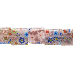 Bead, millefiori glass, translucent light pink and multicolored, 9mm-11x10mm puffed square. Sold per 14-inch strand.