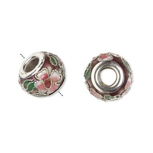 Bead, Dione®, cloisonné, enamel and silver-plated brass grommets, purple / pink / green, 14x10mm rondelle with flower and leaves design. Sold per pkg of 4.