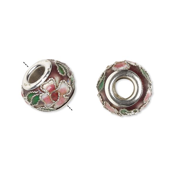 Bead, Dione®, cloisonné, enamel and silver-plated brass grommets, purple / pink / green, 14x10mm rondelle with flower and leaves design. Sold per pkg of 4. image number 0
