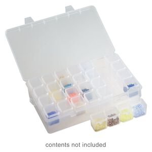 Organizer box, plastic, clear, 9 x 5-1/4 x 2-inch rectangle with tray insert, (7) 4-cell containers and snap top. Sold individually.