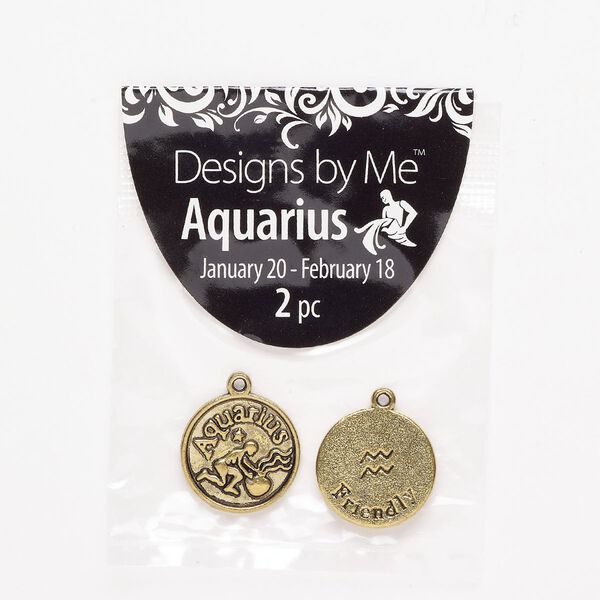 "Pewter" (zinc-based alloy) / enamel 1pkg2, 2-sided round charm / Aquarius / "Friendly" antique gold finish / black 18mm image number 0