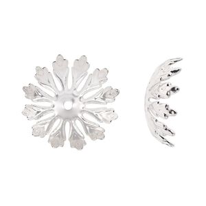 Bead cap, silver-finished copper, 20x6mm leaves, fits 16-18mm round bead. Sold per pkg of 10.