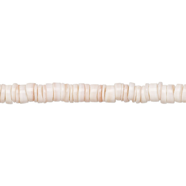 Bead, pink luanos shell (natural), light, 4-5mm hand-cut heishi, Mohs hardness 3-1/2. Sold per 15-1/2" to 16" strand. image number 0