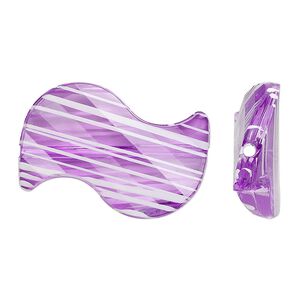 Bead, acrylic, semitransparent purple and white, 35x23mm S-shape with painted line design. Sold per pkg of 24.
