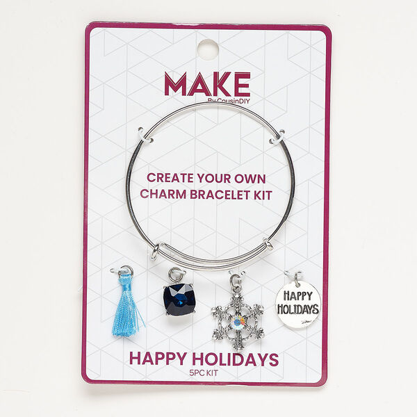 Bracelet and charm assortment, antique silver-finished brass and fabric, turquoise blue and sapphire blue, Happy Holidays theme, 7-1/2 inches. Sold per 5-piece set. image number 0