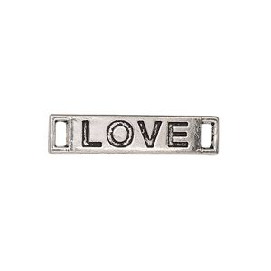 Link, antique silver-finished "pewter" (zinc-based alloy), 28x6mm single-sided curved flat rectangle with "LOVE." Sold per pkg of 2.