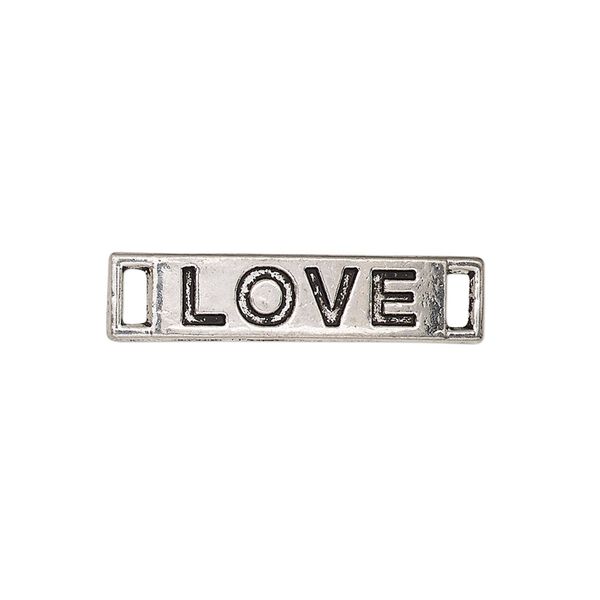 Link, antique silver-finished "pewter" (zinc-based alloy), 28x6mm single-sided curved flat rectangle with "LOVE." Sold per pkg of 2. image number 0