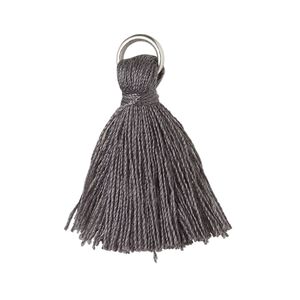 Tassel, cotton and imitation rhodium-finished steel, dark grey, 20-24mm mini tassel with 6mm open jump ring. Sold per pkg of 6.