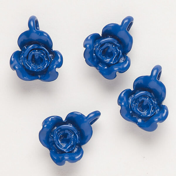 Charm, "pewter" (zinc-based alloy) and enamel, dark blue, 17x13mm flower. Sold per pkg of 4. image number 0