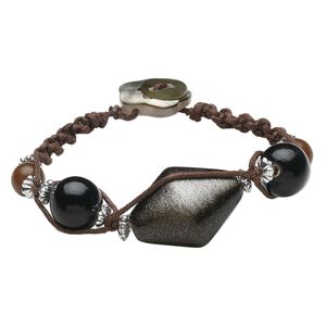 Bracelet, black lip shell (dyed) / painted wood / cotton / acrylic, brown / black / silver with gold-colored glitter, 6-1/2 inches with button clasp. Sold individually.