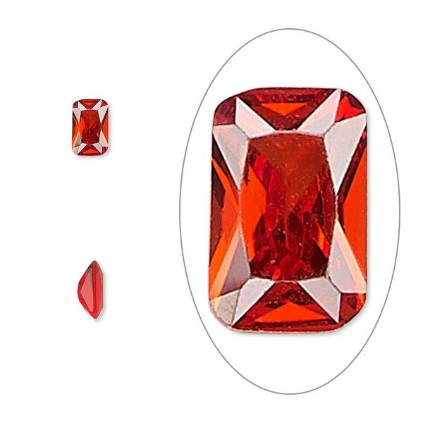 Gem, cubic zirconia, ruby red, 6x4mm faceted emerald-cut, Mohs hardness 8-1/2. Sold per pkg of 2. image number 0