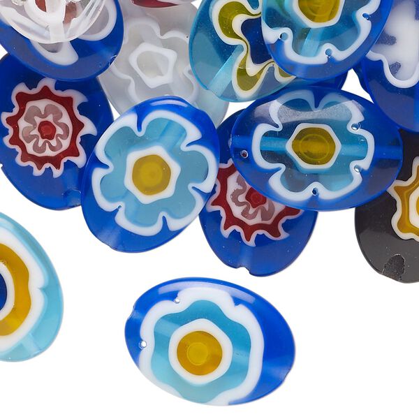 Bead mix, millefiori glass, translucent and transparent multicolored, 17x12mm-19x13mm puffed oval. Sold per 2-ounce pkg, approximately 35 beads. image number 0