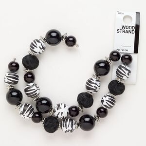 Bead assortment 1pkg1 steel / wood / acrylic, mixed sizes / shapes, 17 inch black / white / CCB silver finish