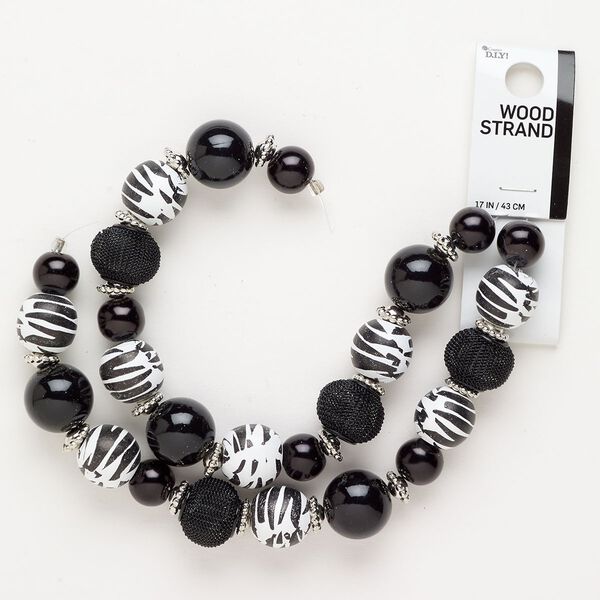 Bead assortment 1pkg1 steel / wood / acrylic, mixed sizes / shapes, 17 inch black / white / CCB silver finish image number 0