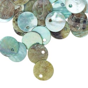 Drop, mussel shell (dyed / coated), blue, 10mm flat round. Sold per pkg of 100.