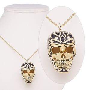 Necklace, Avant-Garde Jewelry Collection, enamel / glass rhinestone / gold-plated brass, white and black, 45x29mm skull with hinged jaw, 24 inches with 2-inch extender chain and lobster claw clasp. Sold individually.