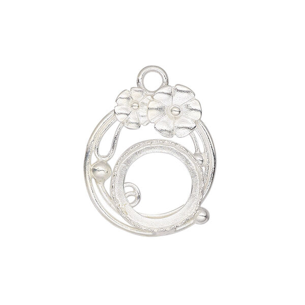 Drop, JBB Findings, silver-plated brass, 22x19mm single-sided with flower design and 12mm rivoli bezel setting. Sold individually. image number 0