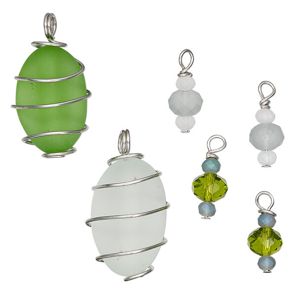 Focal and drop, Charmed, glass and imitation-finished steel, green / grey / clear, 14x8mm and large nugget. Sold per 6-piece set. image number 0