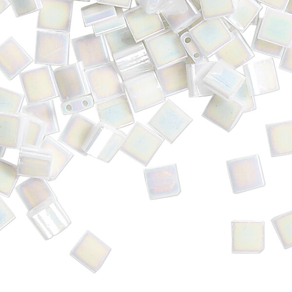 Bead, Miyuki, TILA®, glass, opaque white pearl AB, (TL471), 5mm square with (2) 0.8mm holes, fits up to 3mm beads. Sold per 250-gram pkg. image number 0