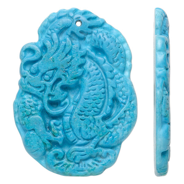 Focal, magnesite (dyed / stabilized), turquoise blue, 47x36mm hand-cut carved dragon, B grade, Mohs hardness 3-1/2 to 4. Sold individually. image number 0