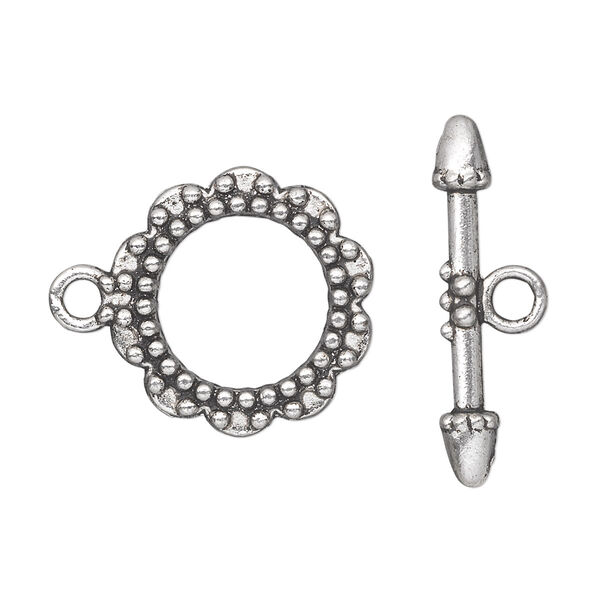 Clasp, toggle, antique silver-plated "pewter" (zinc-based alloy), 20mm double-sided round beaded flower. Sold per pkg of 10. image number 0